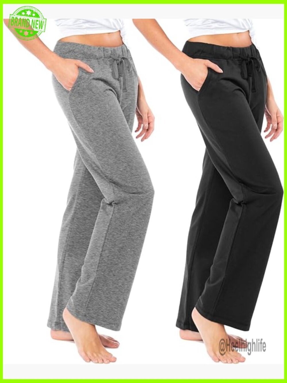 French Terry Cotton Drawstring Sweatpants, Mid Rise Flared Leg Yoga Pants